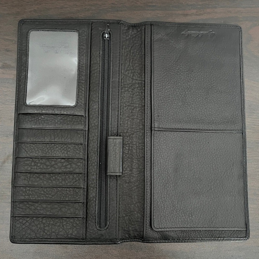 Osgoode Marley Black‎ Pebbled Leather Long Bifold Checkbook Wallet with Pen Loop